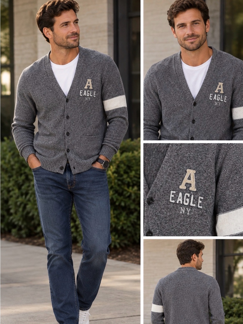 American Eagle Outfitters Gray Cardigan with Varsity Patch